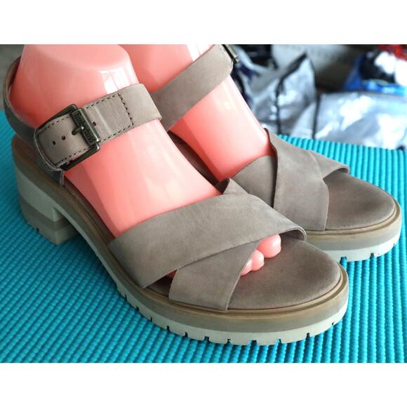 Timberland Platform Sandal 9.5 Taupe Leather Nubuck Open Toe Lug Sole Block Heel - Picture 4 of 9